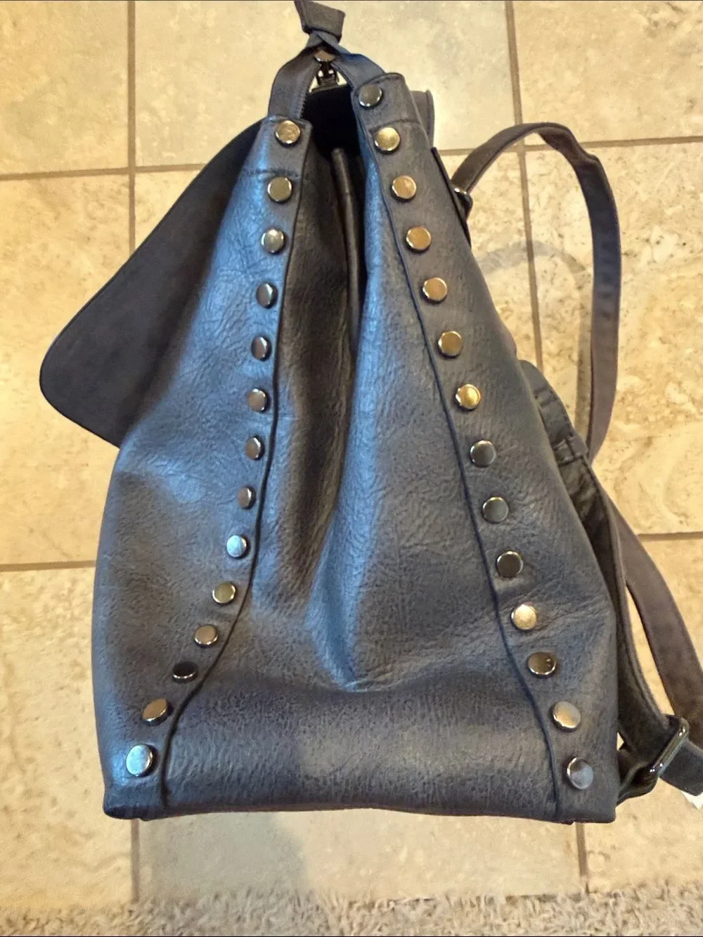 Stud-Trim Faux-Leather Navy Backpack Tote